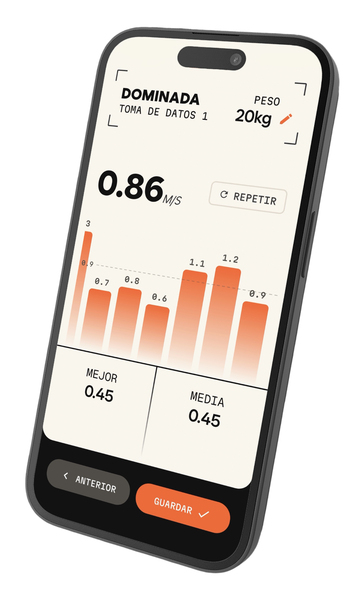 La app de Inertia mostrando la velocidad de cada repetición de una serie de dominadas con 20 kg